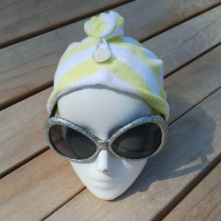 Turban 100% Coton pour les cheveux - Rayures Jaune Blanc - Tête de face