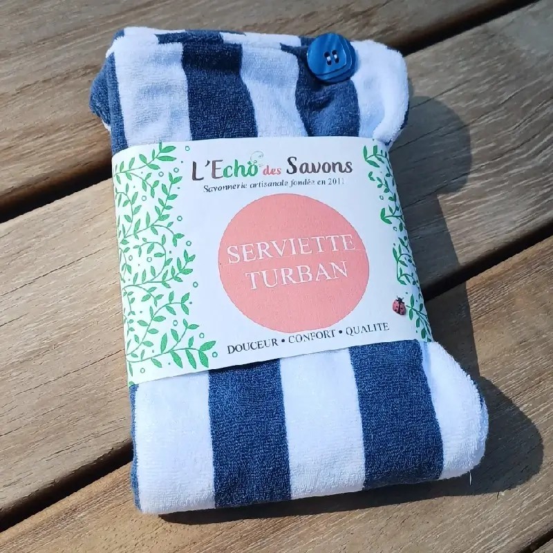 Turban 100% Coton pour les cheveux - Rayures Marine Blanc - Seul