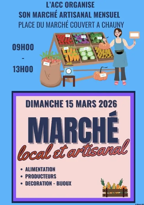 Affiche du marché local et artisanal du Marché Couvert de Chauny - Mars 2026