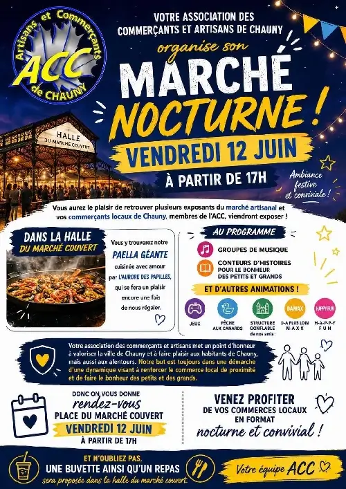 Affiche du marché nocture du 12 juin 2026 au marché couvert de Chauny